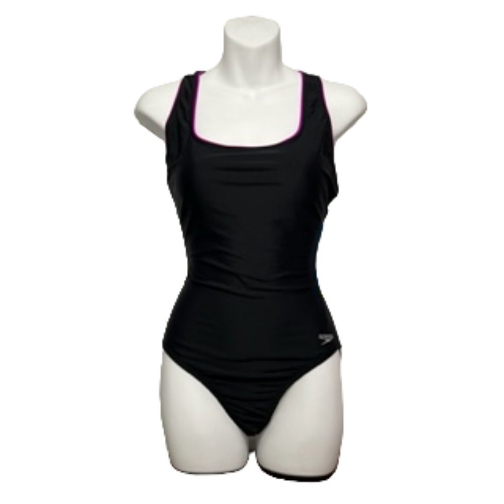 SPEEDO UltraBack Black With Purple Contrasting Piping One-Piece Swimsuit NWT